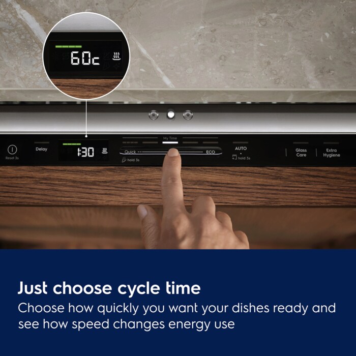 Just choose cycle time. Choose how quickly you want your dishes ready and see how speed changes energy use.