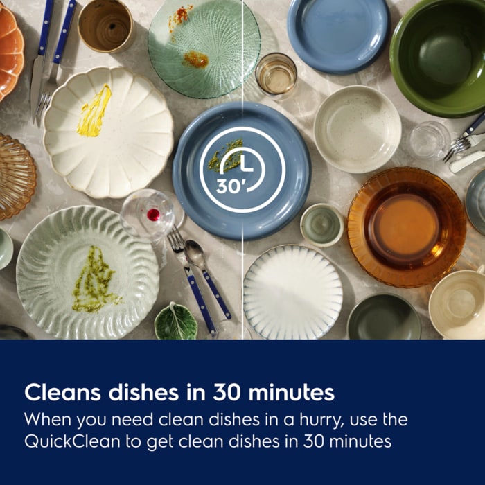 Cleans dishes in 30 minutes. When you need clean dishes in a hurry, use the QuickClean to get clean dishes in 30 minutes.