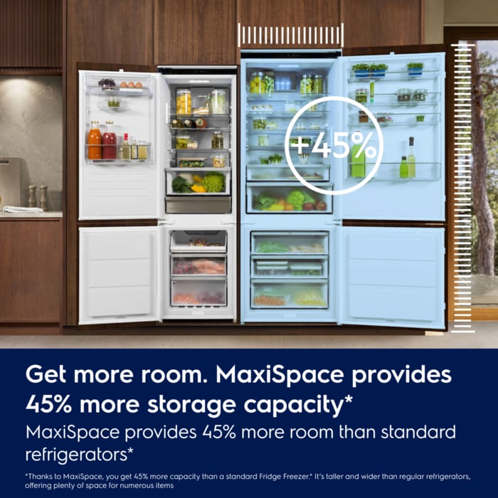 Get more room. MaxiSpace provides 45% more storage capacity. MaxiSpace provides 45% more room than standard refrigerators. Disclaimer: Thanks to MaxiSpace, you get 45% more capacity than a standard Fridge Freezer. It's taller and wider than regular refrigerators, offering plenty of space for numerous items.