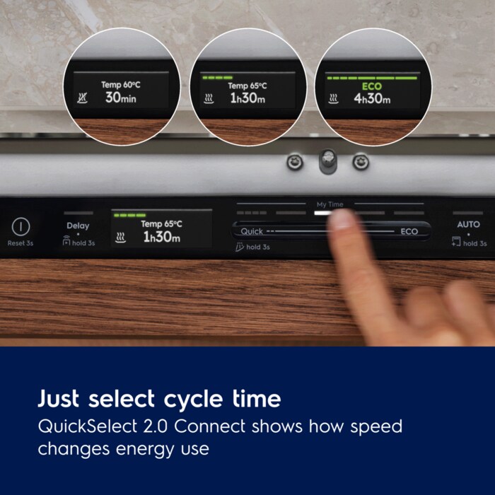 Just select cycle time. No need to choose between programmes. QuickSelect 2.0 displays how changes in speed affect efficiency.

