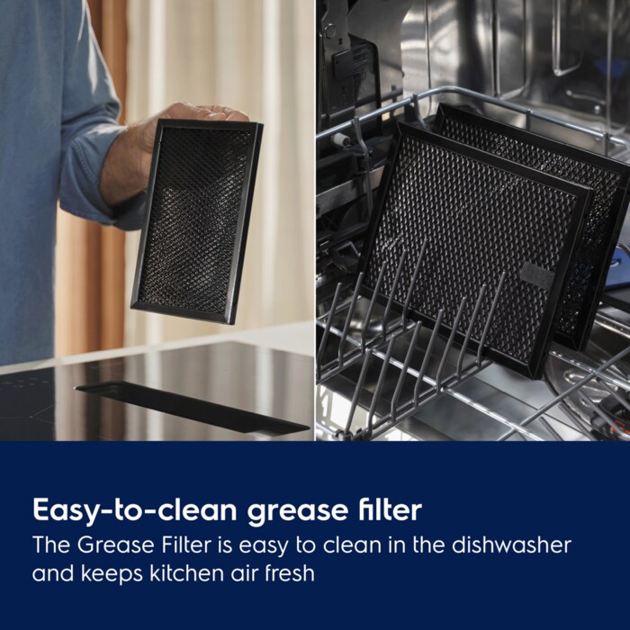 Easy-to-clean grease filter. The Grease Filter is easy to clean in the dishwasher and keeps kitchen air fresh