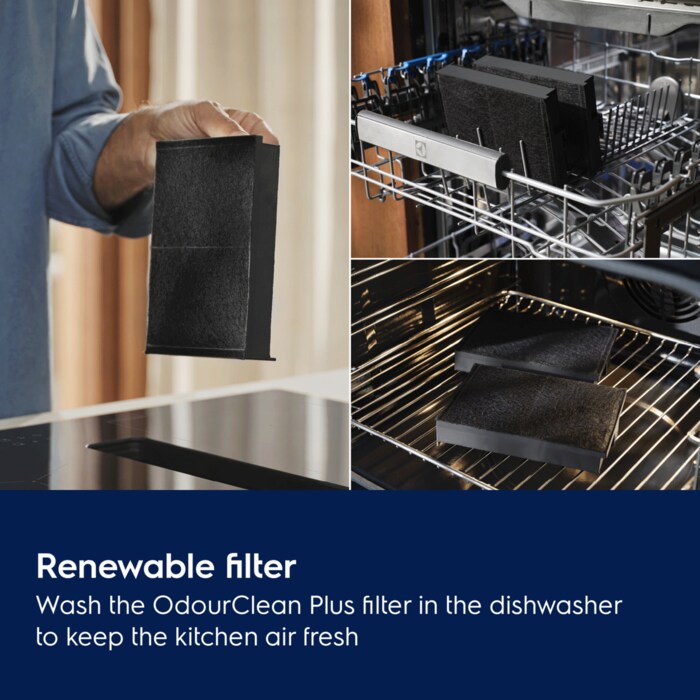 Renewable filter. Wash the OdourClean Plus filter in the dishwasher to keep the kitchen air fresh