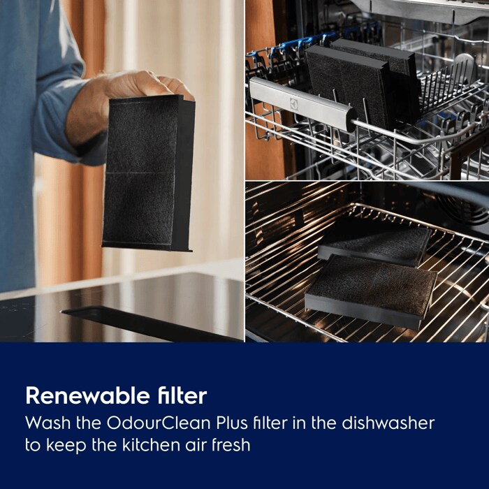 Renewable filter. Wash the OdourClean Plus filter in the dishwasher to keep the kitchen air fresh