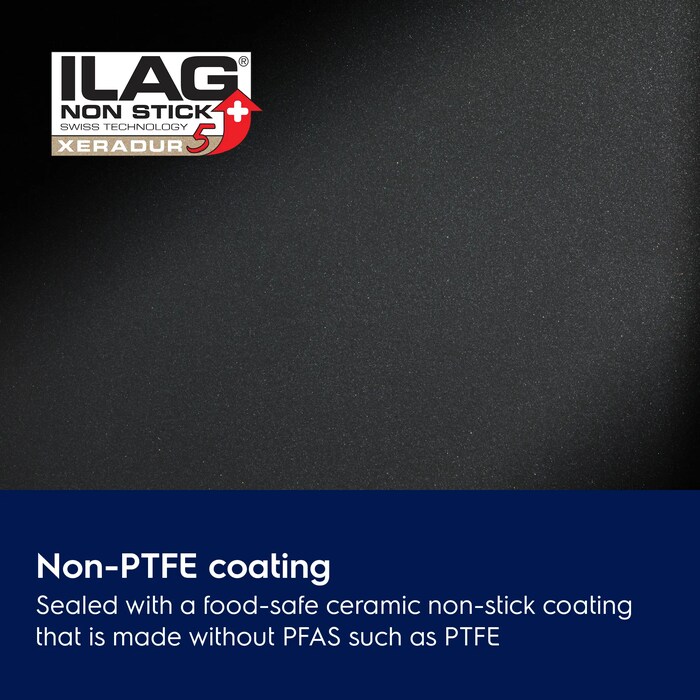 Non-PTFE coating. Sealed with a food-safe ceramic non-stick coating that is made without PFAS such as PTFE